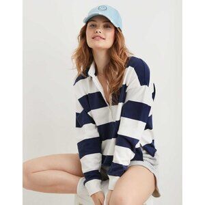 Aerie Sporty Prep Rugby Polo Cropped Shirt Striped Size M Casual
